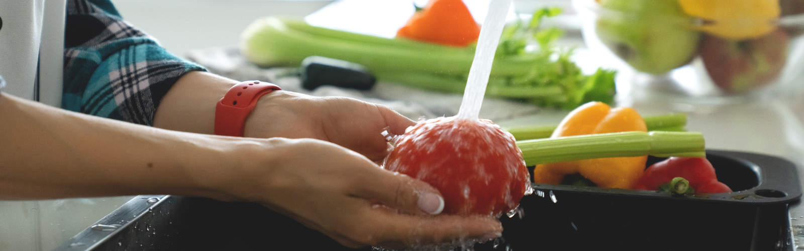 Washing vegetables in sink under running water.